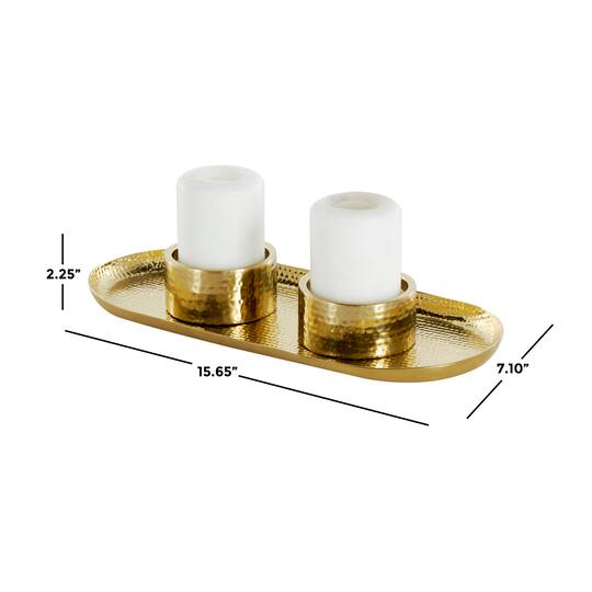 16" Gold Stainless Steel Metal Hammered Candle Holder with Oval Tray Plate